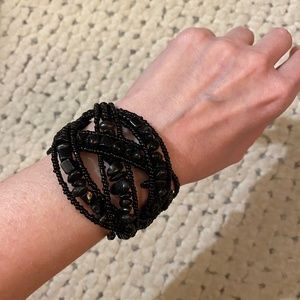 ANTHROPOLOGIE Black Beaded Cuff Bracelet OS